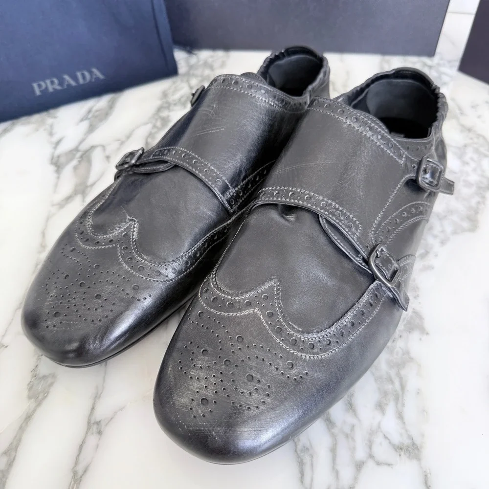 Prada 2EG469‎ Mens Leather Double Monk Strap Wingtip Shoes Grey Black UK 11